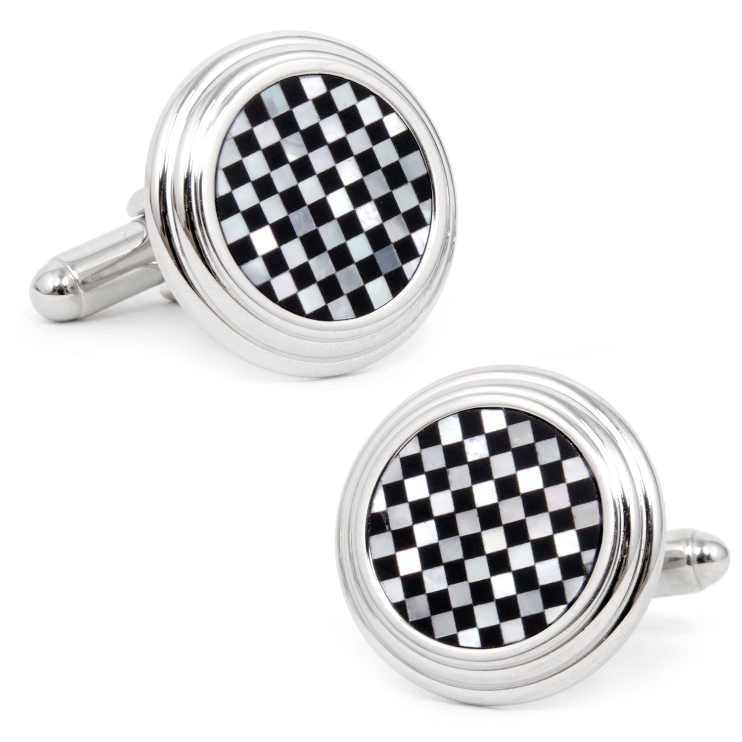 The Onyx and Mother of Pearl Checker Step Cufflinks by Cufflinks.com feature round silver design with a black and white checkerboard pattern on the faces, shown against a white background.