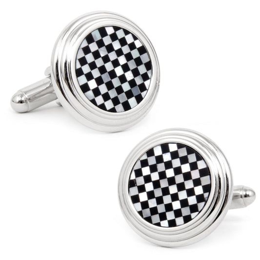 The Onyx and Mother of Pearl Checker Step Cufflinks by Cufflinks.com feature round silver design with a black and white checkerboard pattern on the faces, shown against a white background.