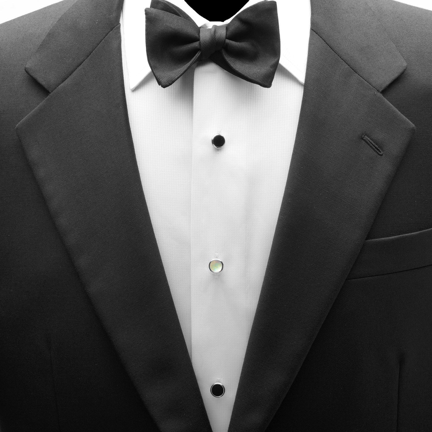 The Double Sided Mother of Pearl Round Beveled 5-Stud Set by Cufflinks.com features silver cufflinks with mother of pearl inlay, plus four matching shirt studs—two accented with black centers and two with mother of pearl.