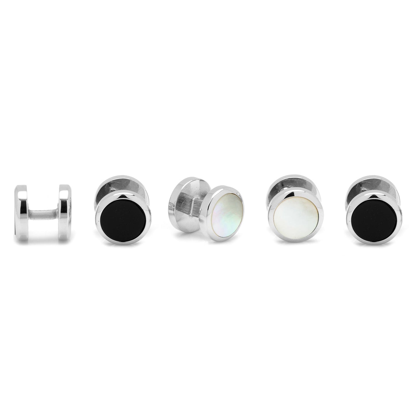 The Double Sided Mother of Pearl Round Beveled 5-Stud Set by Cufflinks.com features silver cufflinks with mother of pearl inlay, plus four matching shirt studs—two accented with black centers and two with mother of pearl.