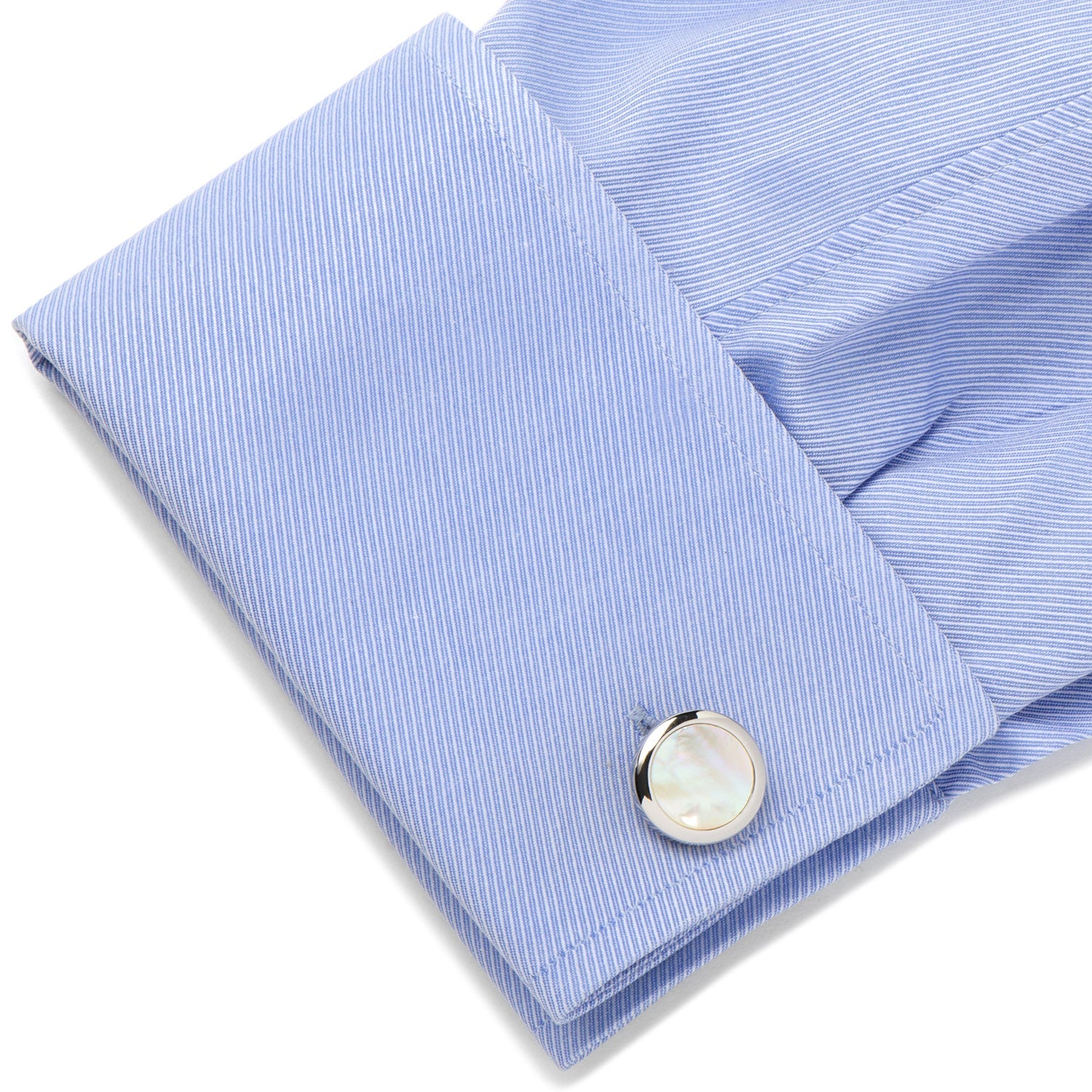 The Double Sided Mother of Pearl Round Beveled 5-Stud Set by Cufflinks.com features silver cufflinks with mother of pearl inlay, plus four matching shirt studs—two accented with black centers and two with mother of pearl.