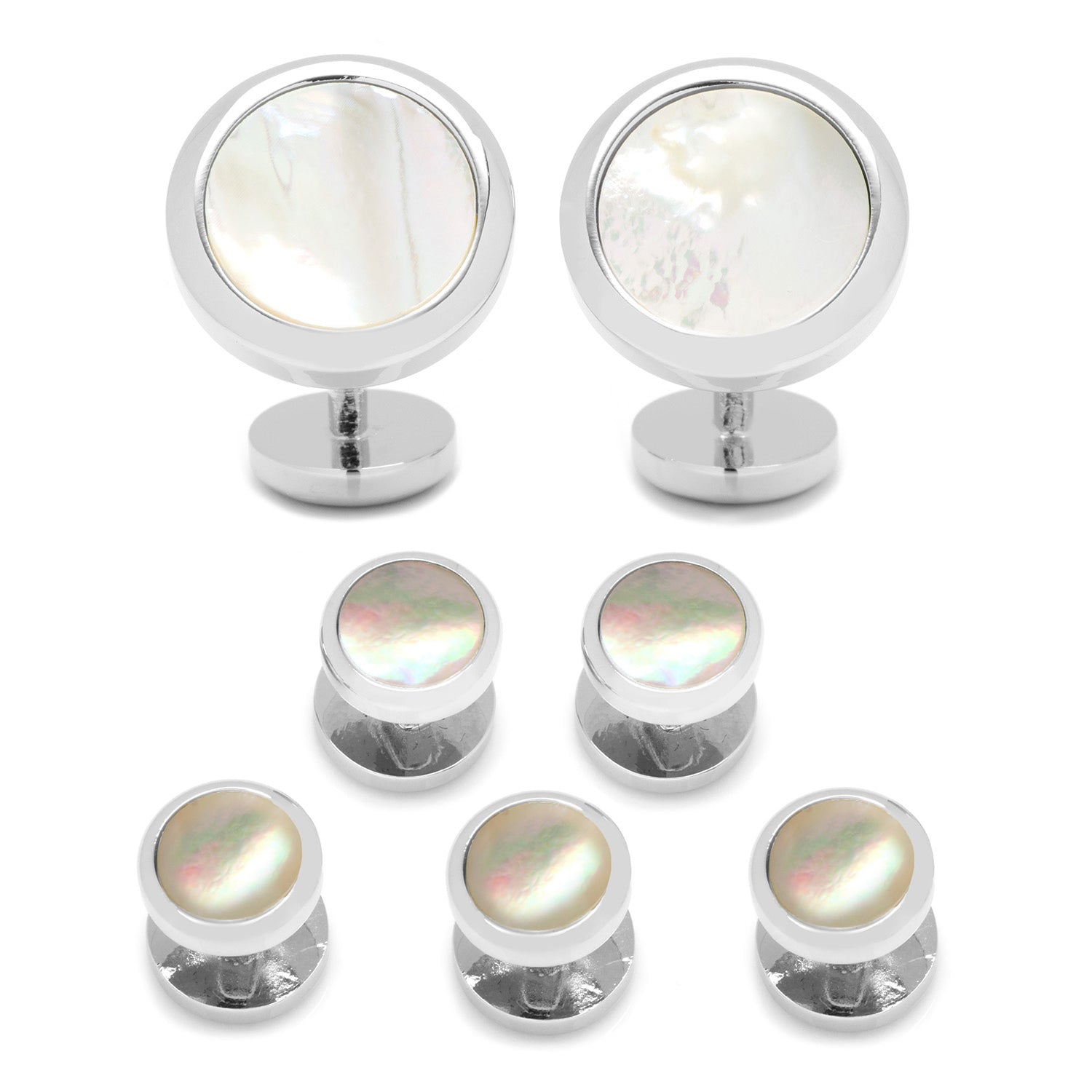 The Double Sided Mother of Pearl Round Beveled 5-Stud Set by Cufflinks.com features silver cufflinks with mother of pearl inlay, plus four matching shirt studs—two accented with black centers and two with mother of pearl.