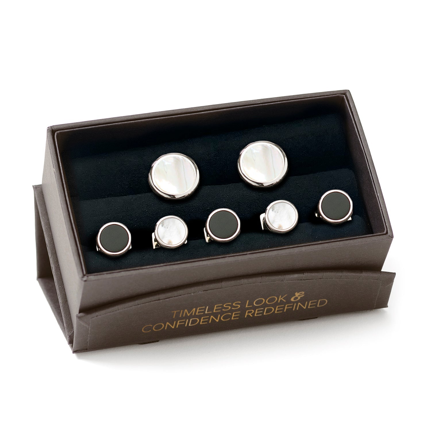 The Double Sided Mother of Pearl Round Beveled 5-Stud Set by Cufflinks.com features silver cufflinks with mother of pearl inlay, plus four matching shirt studs—two accented with black centers and two with mother of pearl.