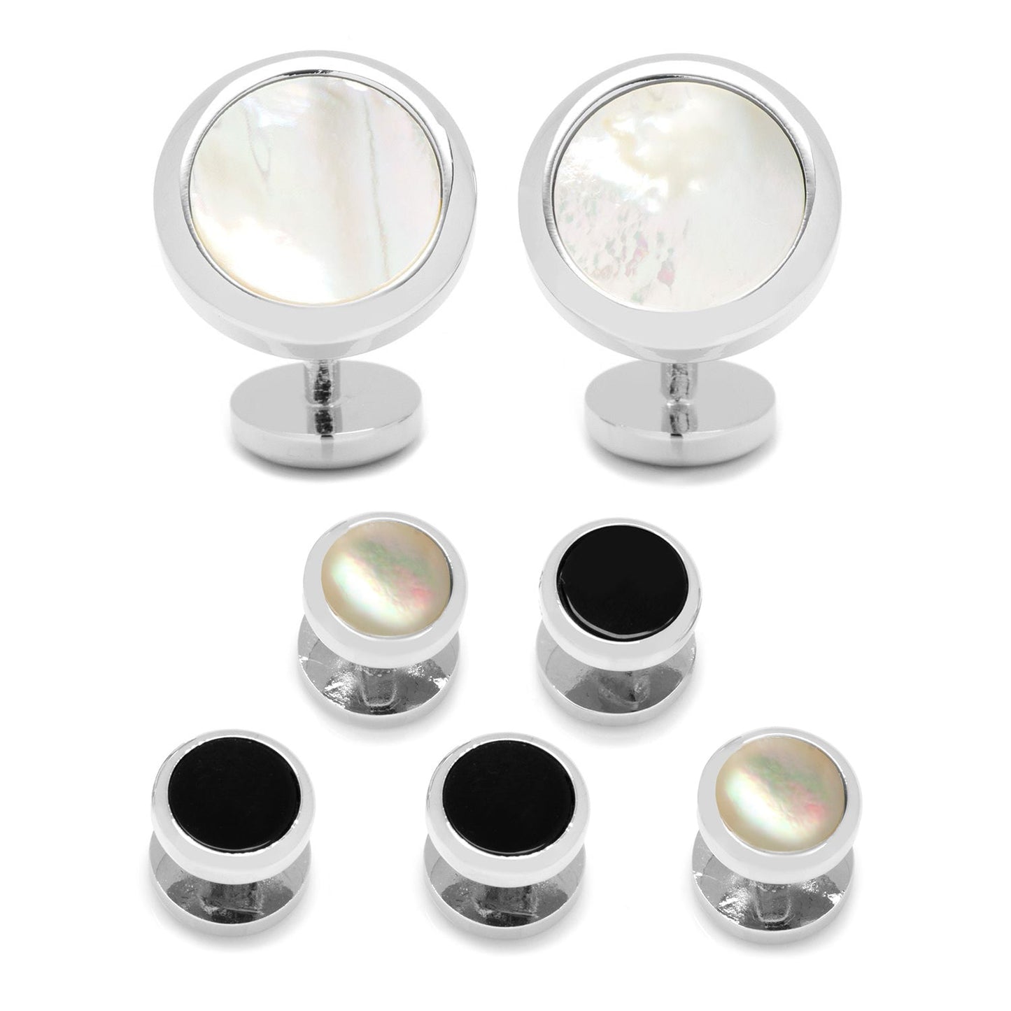 The Double Sided Mother of Pearl Round Beveled 5-Stud Set by Cufflinks.com features silver cufflinks with mother of pearl inlay, plus four matching shirt studs—two accented with black centers and two with mother of pearl.