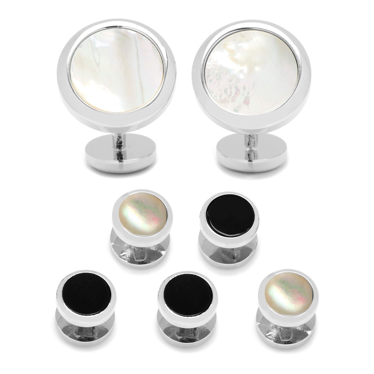 The Double Sided Mother of Pearl Round Beveled 5-Stud Set by Cufflinks.com features silver cufflinks with mother of pearl inlay, plus four matching shirt studs—two accented with black centers and two with mother of pearl.