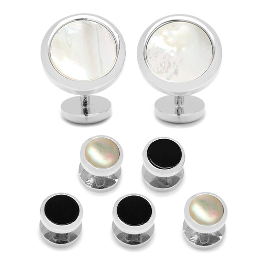 The Double Sided Mother of Pearl Round Beveled 5-Stud Set by Cufflinks.com features silver cufflinks with mother of pearl inlay, plus four matching shirt studs—two accented with black centers and two with mother of pearl.