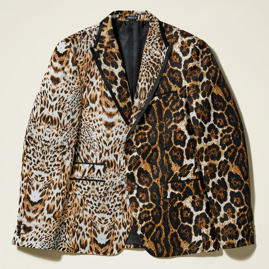 The Inserch Animal Print Blazer BL200-25 Brown by Inserch features a slim fit, leopard print in black, brown, and tan, black lapels, and multiple pockets, shown laid flat against a light background.