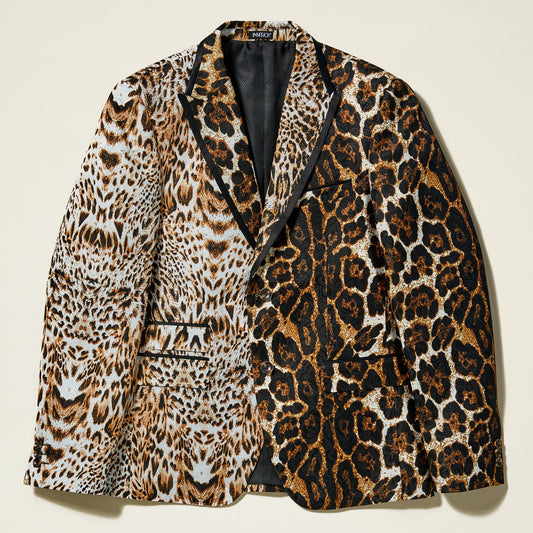 The Inserch Animal Print Blazer BL200-25 Brown by Inserch features a slim fit, leopard print in black, brown, and tan, black lapels, and multiple pockets, shown laid flat against a light background.