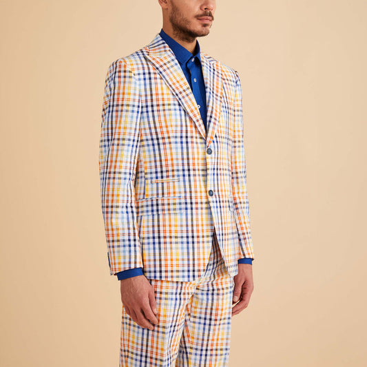 A person dressed in the Inserch Seersucker Check Blazer (BL271-00056 White Multi) and a premium cotton blue shirt stands against a plain beige background.