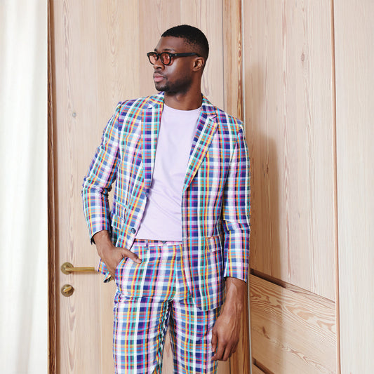 A person is wearing the Inserch Seersucker Madras Check Blazer BL276-00066 Multicolor over a white shirt with light blue pants, standing against a plain background.