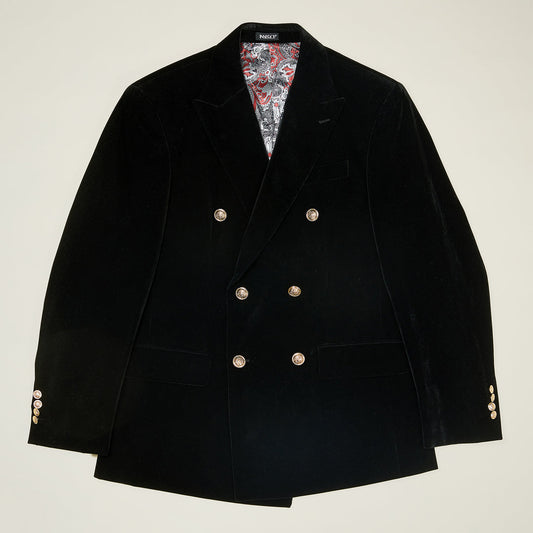The Inserch DB Velvet Blazer BL502-00001 in black features a double-breasted design with military shank buttons, peaked lapels, front pockets, and a patterned inner lining, displayed flat against a light background.