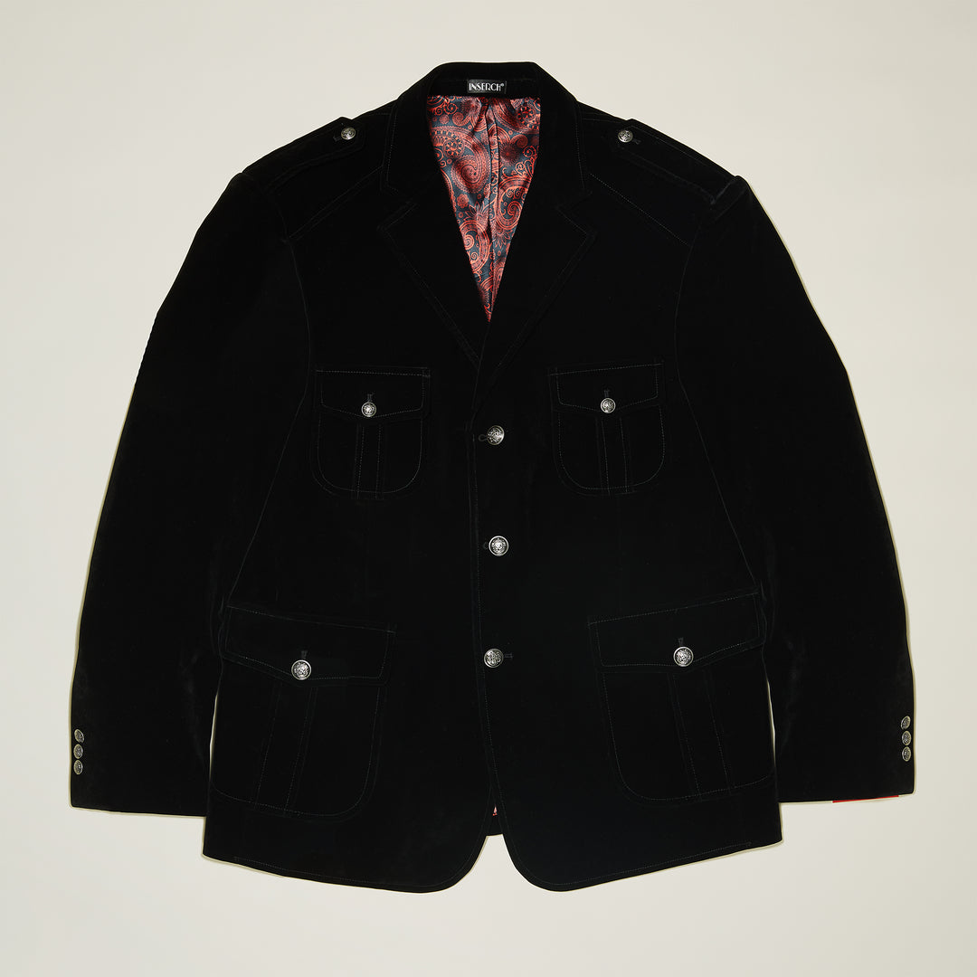 The Inserch Velvet Military Blazer BL569-01 Black by Inserch features four front pockets, military shank buttons, epaulettes, and a jacquard red lining, displayed flat on a neutral background.