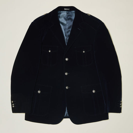 The Inserch Velvet Military Blazer BL569-11 Navy Blue features four front pockets, military shank buttons, and a blue jacquard lining, shown laid flat on a light background.