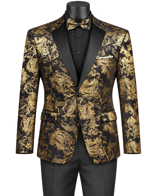 Modern Fit Velvet Jacket Metallic Design Black BM-02 by Vinci Suits with shiny gold floral and dragon pattern, black lapels, dress shirt, matching gold bow tie, and black trousers.