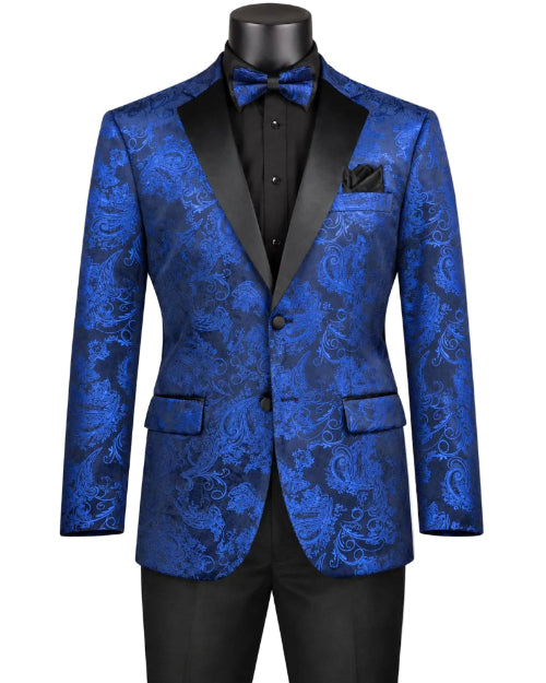 A mannequin wears the Vinci Suits Modern Fit Velvet Jacket Metallic Design Blue BM-02 with black lapels, a black shirt, matching bow tie, trousers, and pocket square.