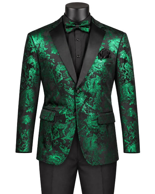 A mannequin showcases the Modern Fit Velvet Jacket Metallic Design Emerald BM-02 by Vinci Suits, featuring a shiny green floral metallic pattern and black satin lapels.