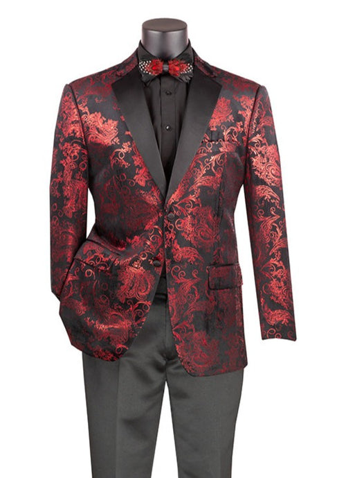 A mannequin displays the Vinci Suits Modern Fit Velvet Jacket Metallic Design Red BM-02, showcasing its elegant notch lapels, paired with a sleek black shirt, bow tie, and dark pants.
