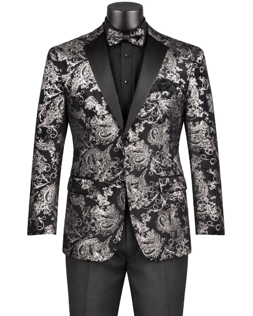 The Vinci Suits Modern Fit Velvet Jacket Metallic Design Silver BM-02 with matching bow tie, black shirt, satin lapels, and pants is displayed on a mannequin in modern fit.
