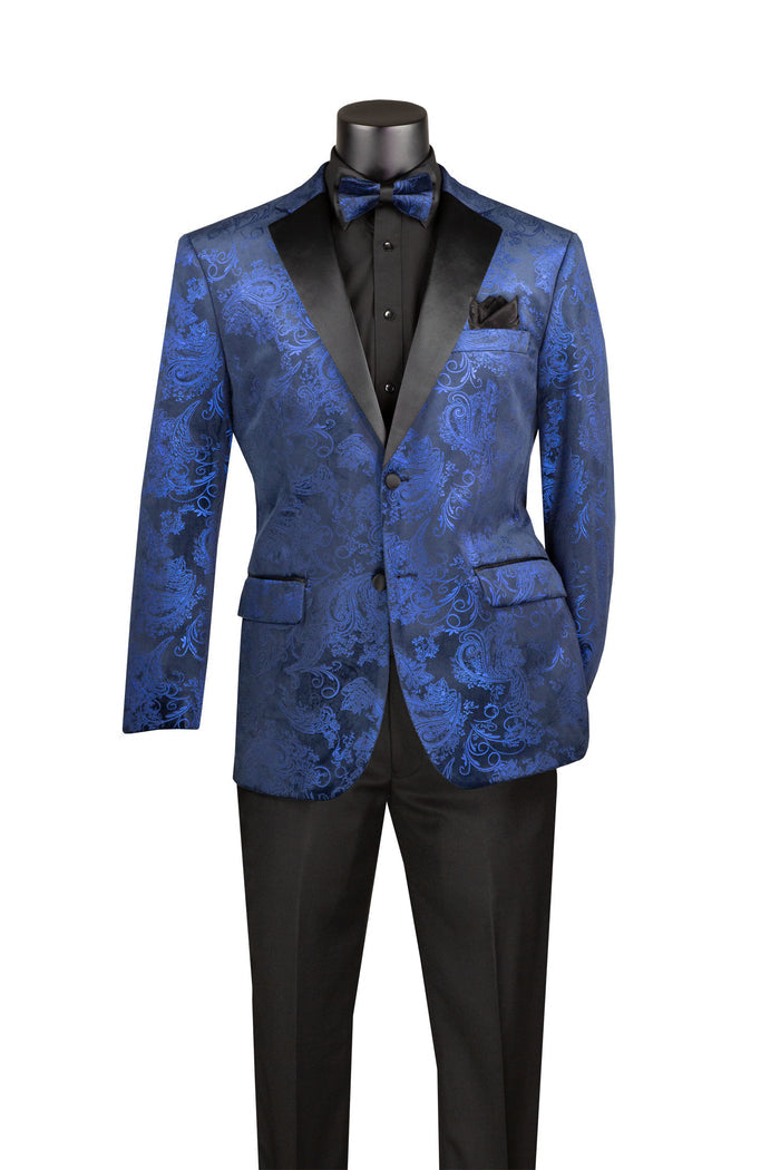 The Modern Fit Velvet Jacket Metallic Design Blue BM-02 by Vinci Suits boasts a sleek black lapel and paisley pattern, elegantly paired with a black shirt, blue bow tie, and classic black pants, offering a sophisticated blend of contemporary flair and timeless elegance.