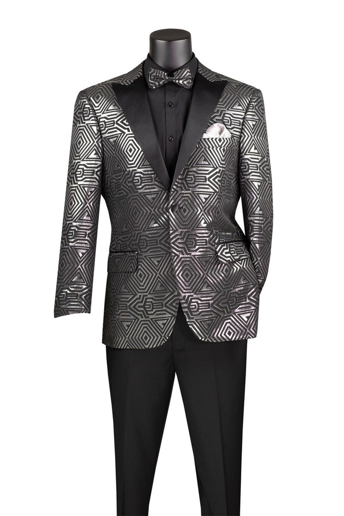The Modern Fit Jacquard Jacket with Matching Bow Tie by Vinci Suits features a metallic design in silver and showcases contemporary elegance with its sleek geometric pattern. The ensemble includes a black shirt, satin lapel blazer, and bow tie, completing the modern look.