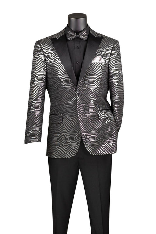 The Modern Fit Jacquard Jacket with Matching Bow Tie by Vinci Suits features a metallic design in silver and showcases contemporary elegance with its sleek geometric pattern. The ensemble includes a black shirt, satin lapel blazer, and bow tie, completing the modern look.