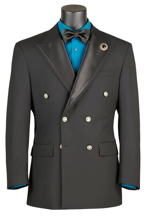 Modern Fit Black Double-Breasted Tuxedo Blazer BM-DB by Vinci Suits with satin lapels, gold buttons, teal shirt, black bow tie, and decorative lapel pin.