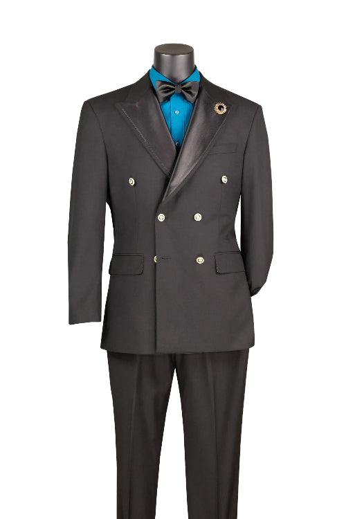 Modern Fit Black Double-Breasted Tuxedo Blazer BM-DB by Vinci Suits with satin lapels, gold buttons, teal shirt, black bow tie, and decorative lapel pin.