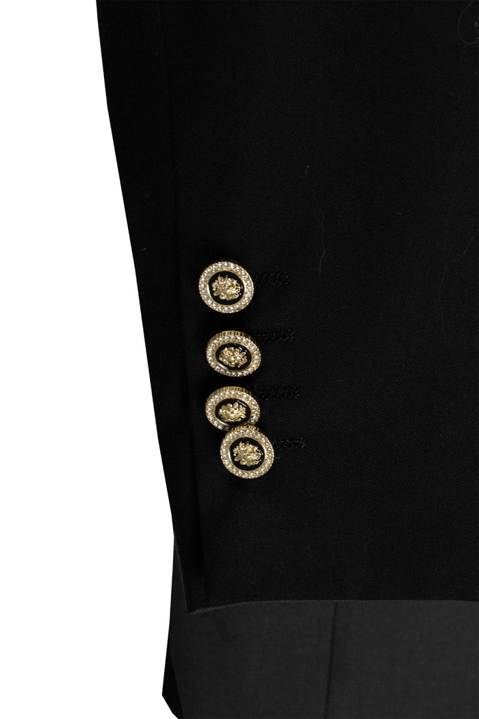 Modern Fit Black Double-Breasted Tuxedo Blazer BM-DB by Vinci Suits with satin lapels, gold buttons, teal shirt, black bow tie, and decorative lapel pin.