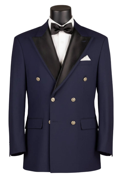 The mannequin wears the Modern Fit Navy Double-Breasted Tuxedo Blazer BM-DB by Vinci Suits, styled with a white dress shirt, black bow tie, and white pocket square.