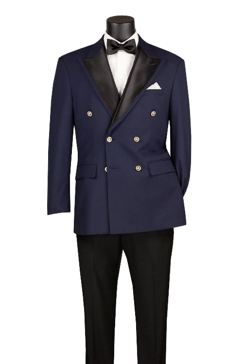 The mannequin wears the Modern Fit Navy Double-Breasted Tuxedo Blazer BM-DB by Vinci Suits, styled with a white dress shirt, black bow tie, and white pocket square.