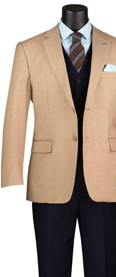 A mannequin displays a Vinci Suits ensemble featuring the Modern Fit Houndstooth Pattern Jacket Tan BM-HT, coupled with a light blue shirt, brown striped tie, black vest, and black trousers.