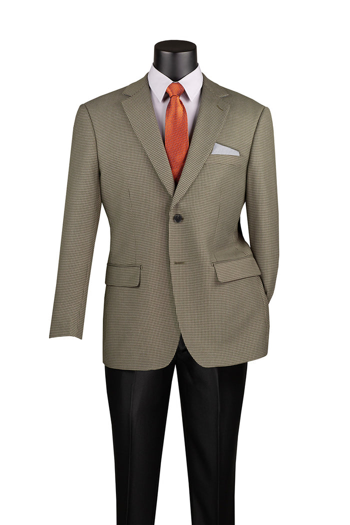 A mannequin displays the Vinci Suits Modern Fit Houndstooth Pattern Jacket Olive BM-HT, styled with a white shirt, orange tie, and black pants, accented by a white pocket square.