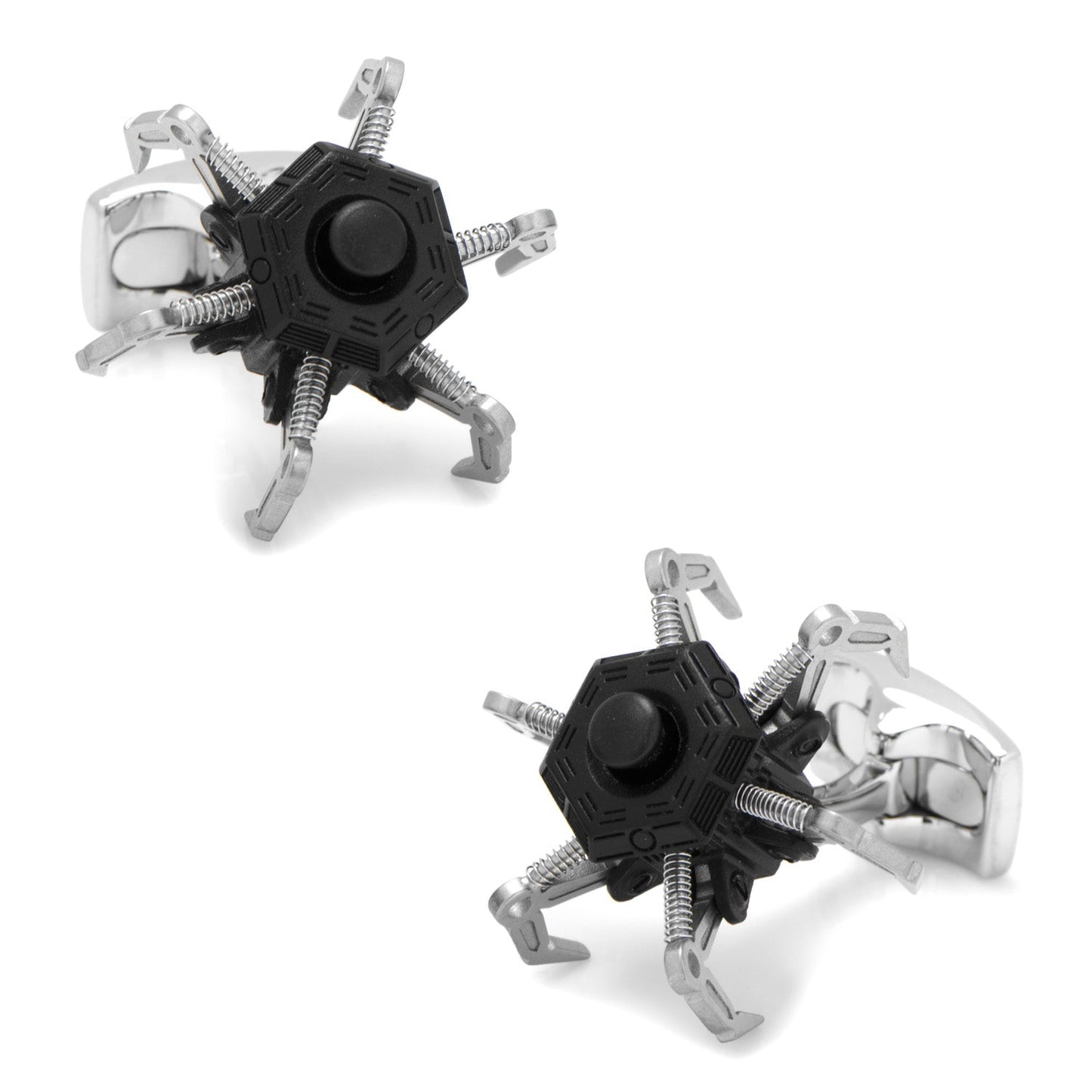 The Drone Cufflinks by Cufflinks.com are designed to resemble small black and silver spider robots with multiple claw-like legs.