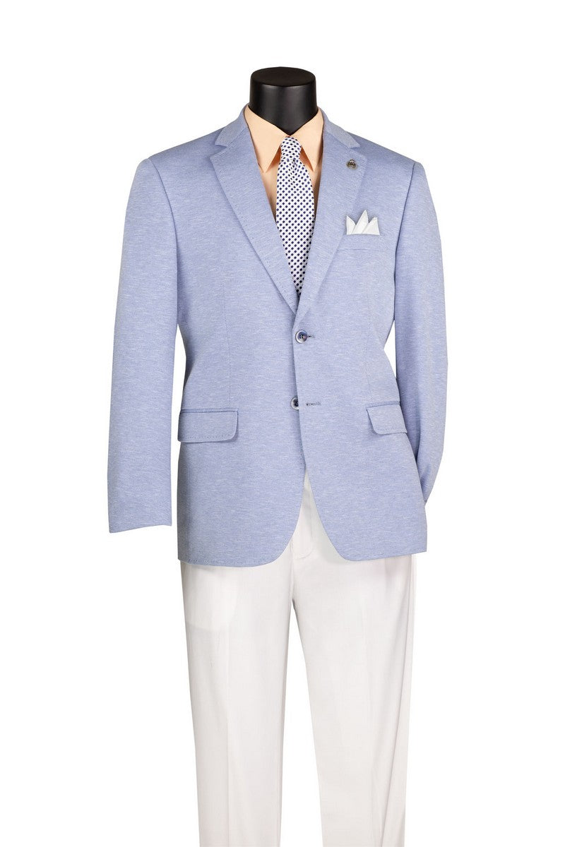 The mannequin displays the Modern Fit Light Blue Super Stretch Blazer BMK-2 by Vinci Suits with a peach shirt, polka dot tie, built-in pocket square, and white trousers.