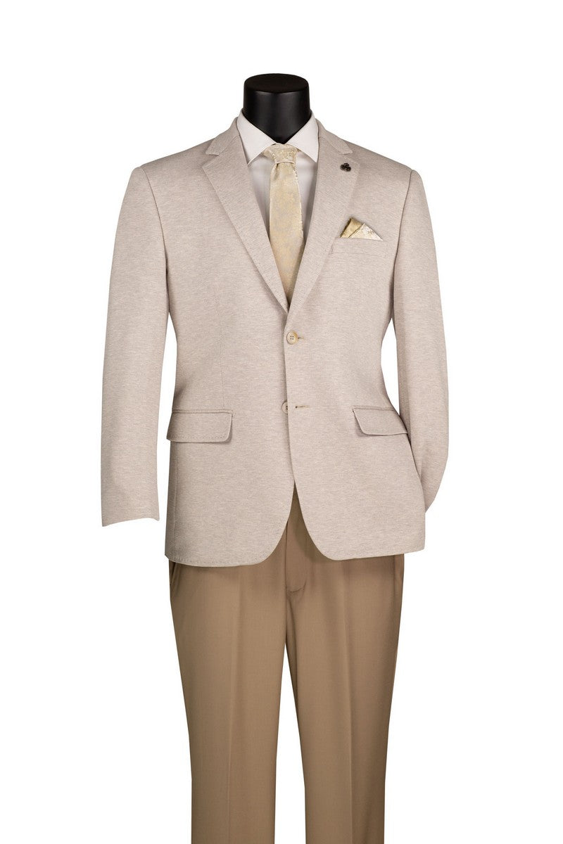 The mannequin wears the Vinci Suits Modern Fit Oatmeal Super Stretch Blazer BMK-2 with gold buttons, white shirt, gold tie, pocket square, and tan dress pants.