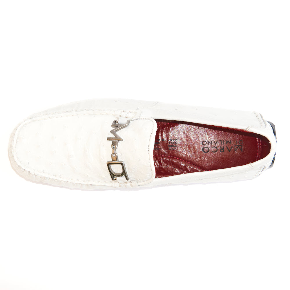 A pair of Bolonia White loafers by Marco Di Milano, featuring metal detailing on the front; one shoe stands upright while the other lies sideways to showcase the black and white sole—expertly crafted luxury moccasins designed to elevate any ensemble.