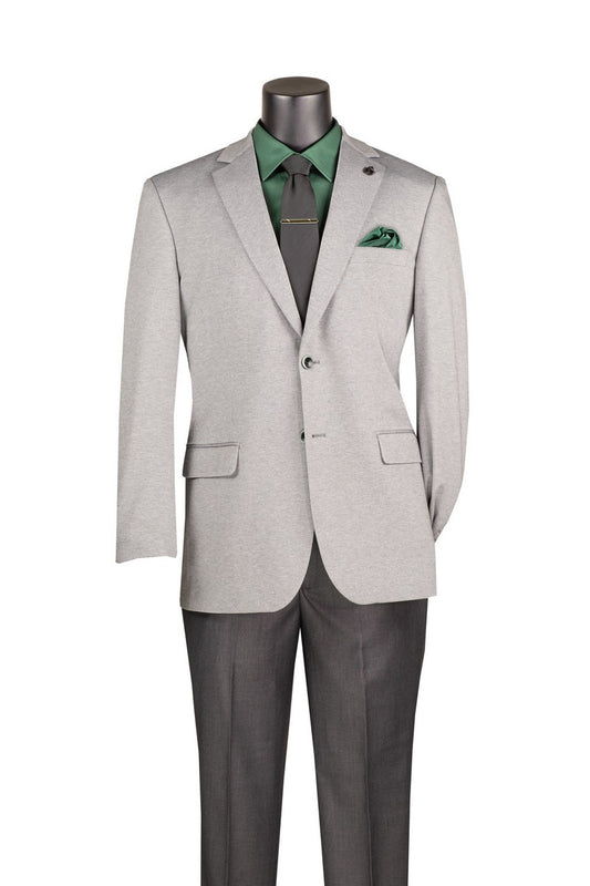 A mannequin showcases the Regular Fit Light Gray Super Stretch Blazer BRK-4 by Vinci Suits with dark gray pants, green shirt, black tie, and green pocket square for comfort and style.