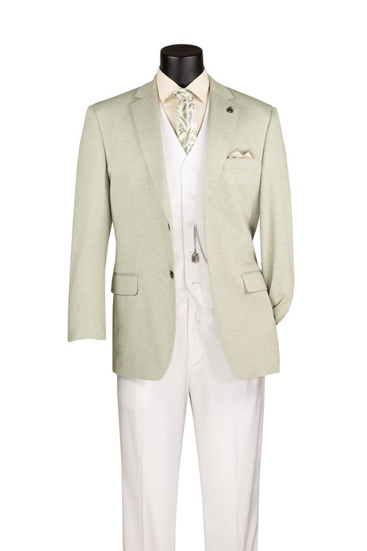 The Vinci Suits Regular Fit Light Green Super Stretch Blazer BRK-4, shown over a cream vest and shirt with white pants and a patterned tie on a black mannequin; machine washable.