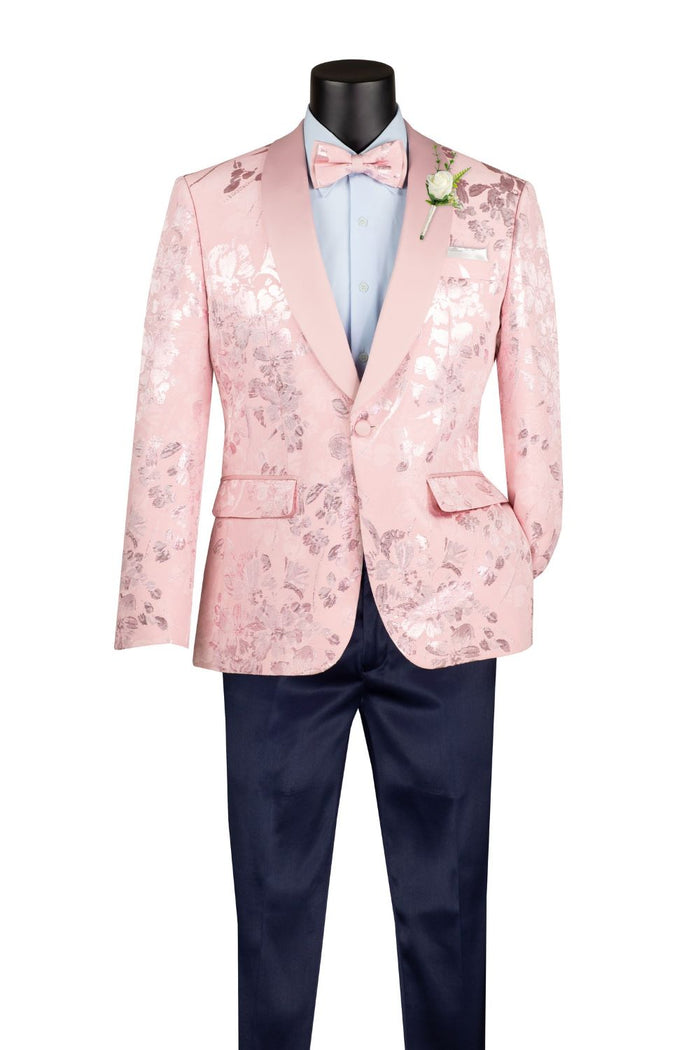 The Vinci Suits Slim Fit Fashion Jacket BSF-19 features a pink floral-patterned shawl lapel and matching bow tie, paired with black trousers on a slim-fit mannequin.
