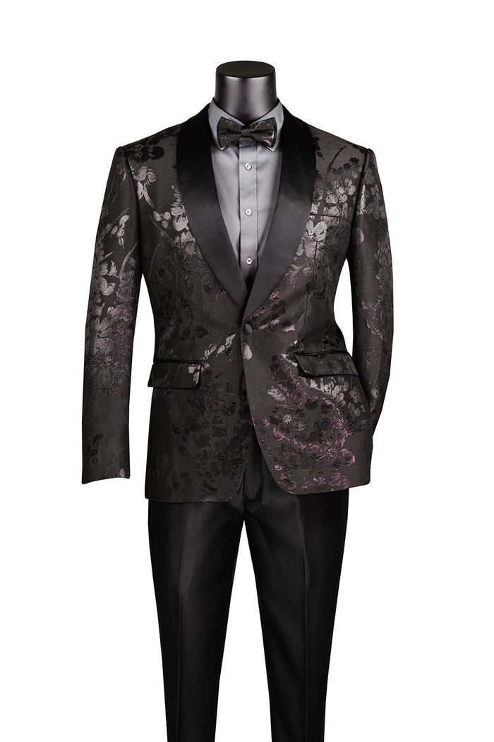 A black mannequin displays the Vinci Suits Slim Fit Fashion Jacket BSF-19, featuring a dark floral pattern with satin shawl lapels, paired with a gray shirt, black bow tie, and trousers.