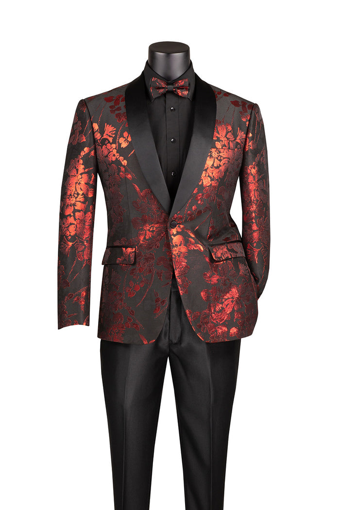 A black mannequin dons a Vinci Suits Slim Fit Fashion Jacket Shawl Lapel with Bow Tie Red BSF-19 featuring a dark floral pattern and red accents, paired with a black shirt and pants.