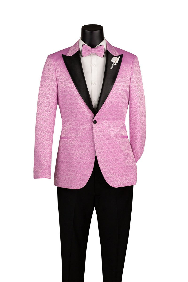 Vinci Suits Slim Fit Lilac Fancy Jacquard Fabric 1 Button with Matching Bow Tie Blazer BSF-20, featuring black lapels, worn over a white shirt and black trousers with a white boutonniere.
