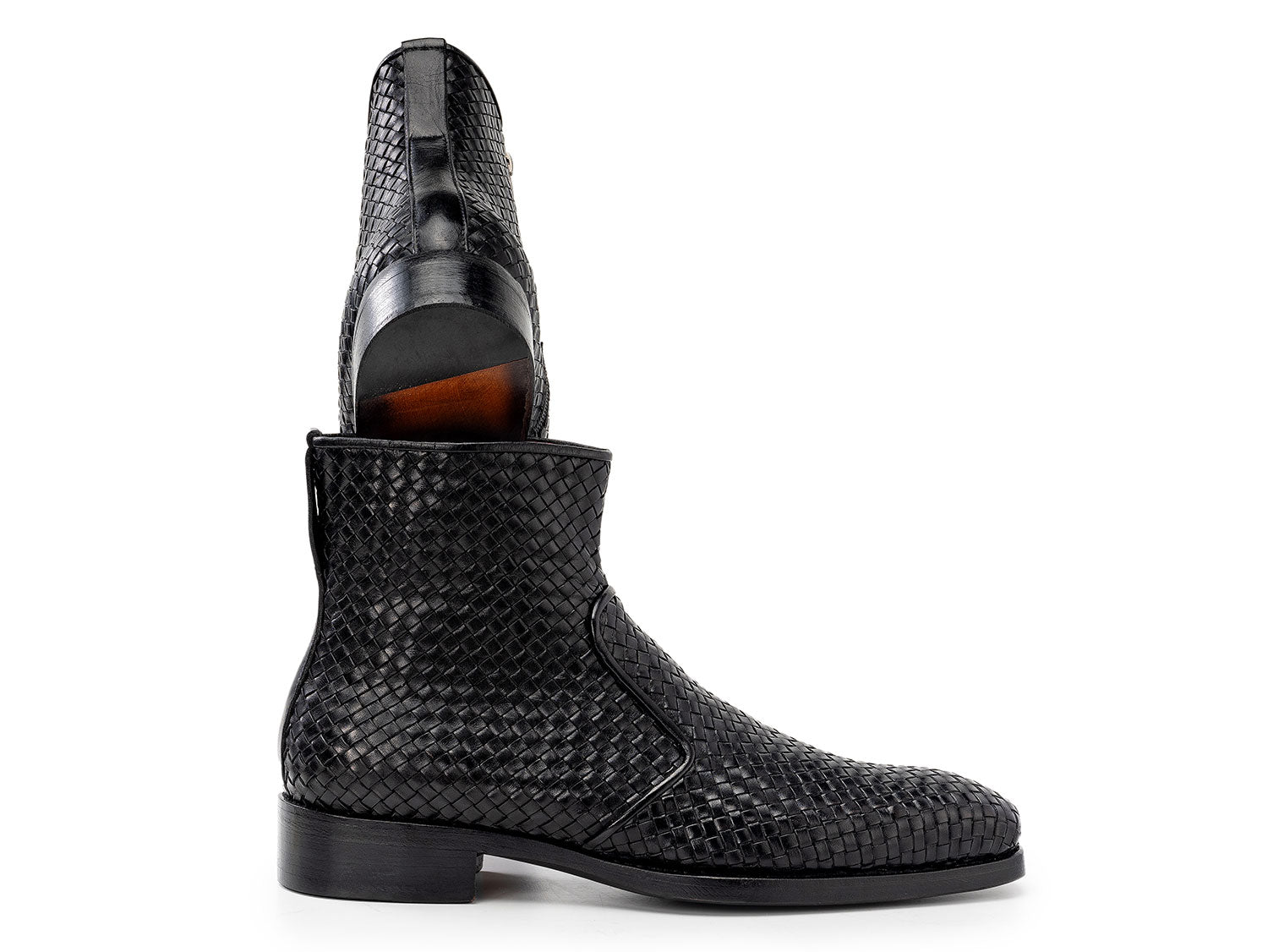 The Paul Parkman Black Woven Leather Goodyear Welted Zipper Boots (BT269BLK) for men are shown on a white background, one upright and the other resting against it.