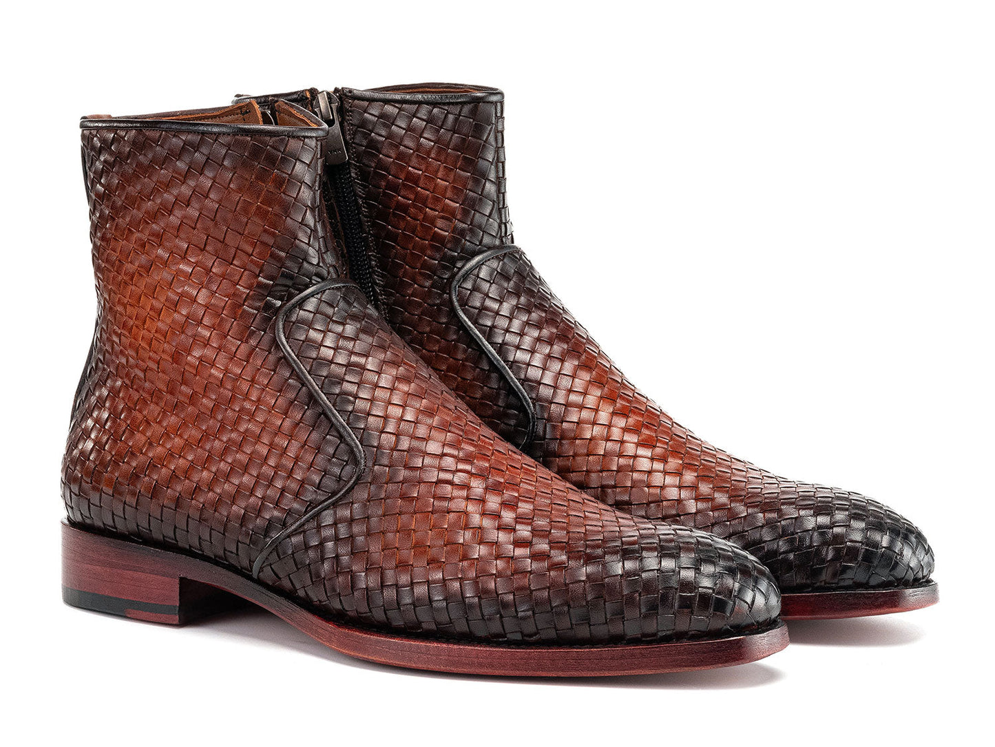 Paul Parkman Brown Burnished Woven Leather Zipper Boots (BT269BRW) feature stylish side zippers and red-brown soles—ideal men's boots for any occasion.