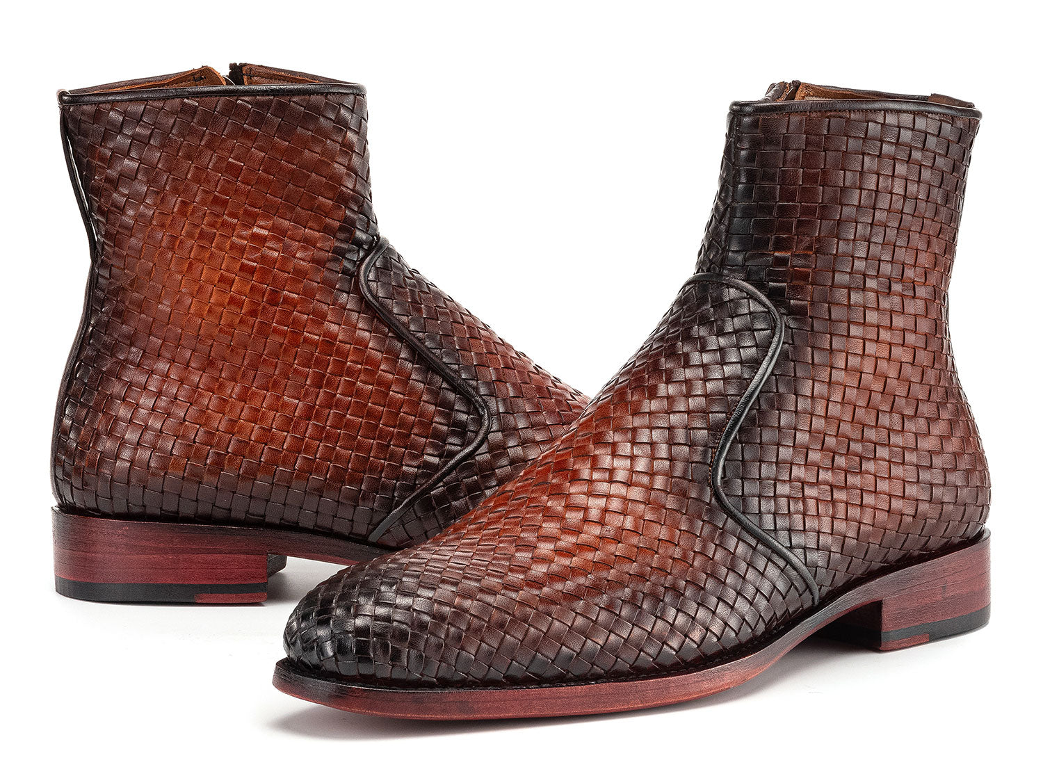 Paul Parkman Brown Burnished Woven Leather Zipper Boots (BT269BRW) feature stylish side zippers and red-brown soles—ideal men's boots for any occasion.