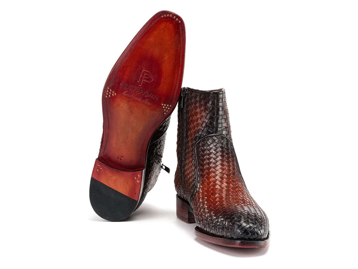 Paul Parkman Brown Burnished Woven Leather Zipper Boots (BT269BRW) feature stylish side zippers and red-brown soles—ideal men's boots for any occasion.
