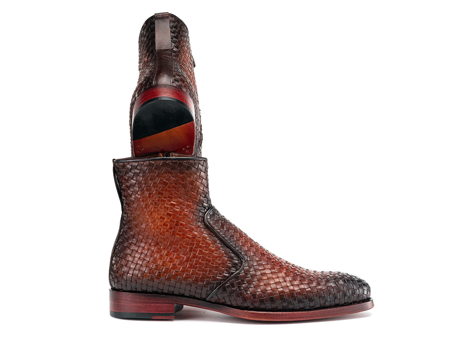 Paul Parkman Brown Burnished Woven Leather Zipper Boots (BT269BRW) feature stylish side zippers and red-brown soles—ideal men's boots for any occasion.
