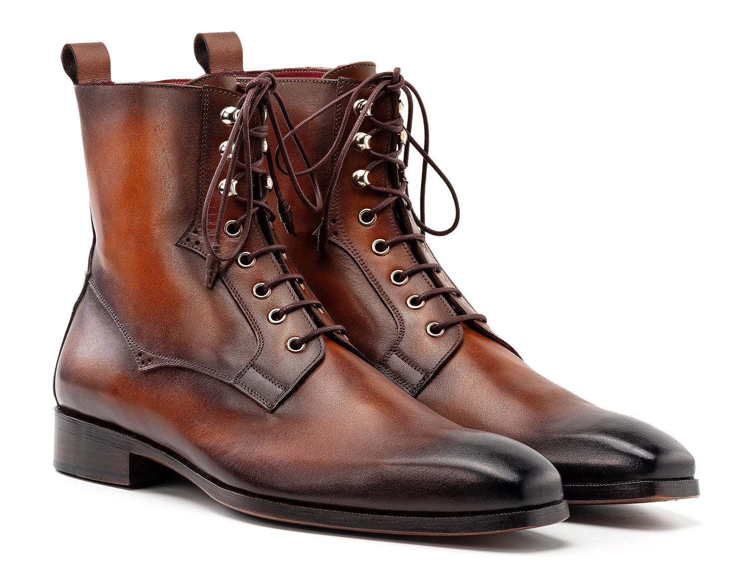 Paul Parkman Brown Burnished Leather Lace-Up Boots (BT534-BRW) for men feature a polished finish, slight heel, and hand-painted brown leather. Brand: Paul Parkman. Displayed on a white background.