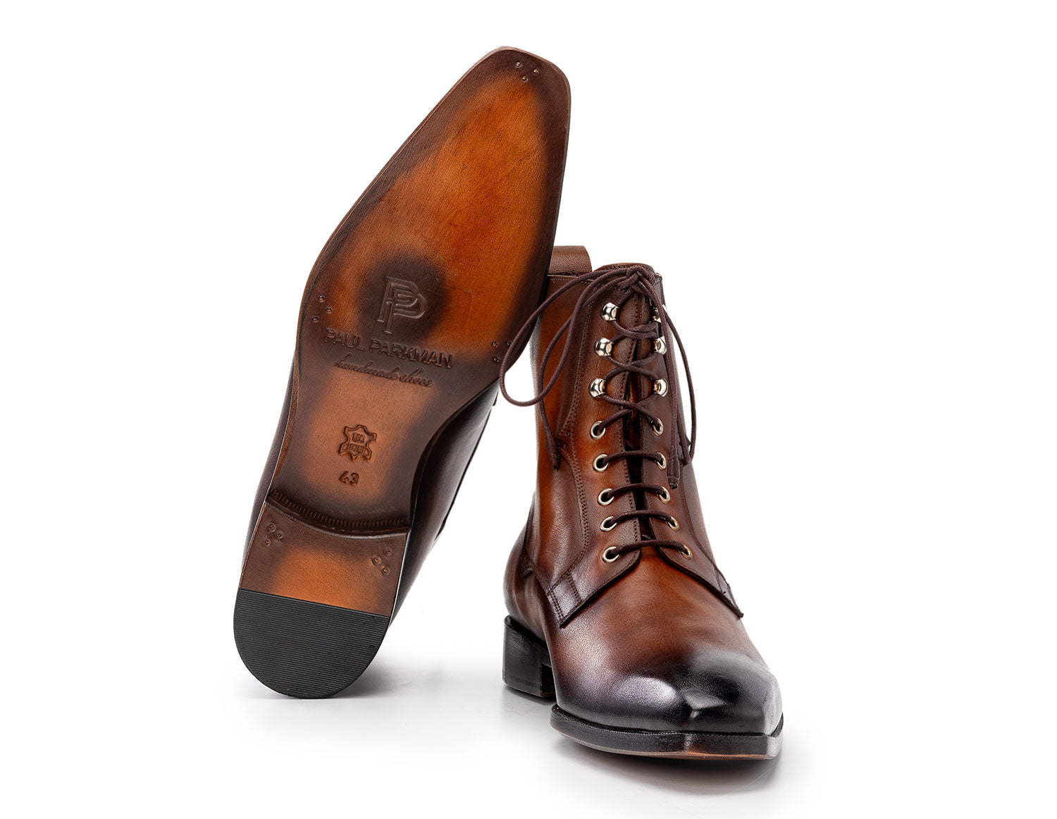 Paul Parkman Brown Burnished Leather Lace-Up Boots (BT534-BRW) for men feature a polished finish, slight heel, and hand-painted brown leather. Brand: Paul Parkman. Displayed on a white background.