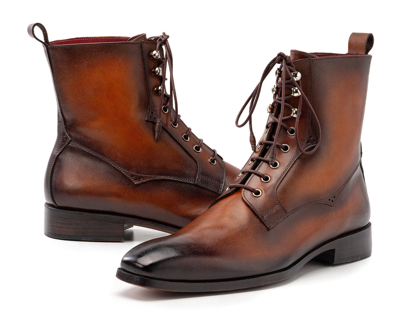Paul Parkman Brown Burnished Leather Lace-Up Boots (BT534-BRW) for men feature a polished finish, slight heel, and hand-painted brown leather. Brand: Paul Parkman. Displayed on a white background.